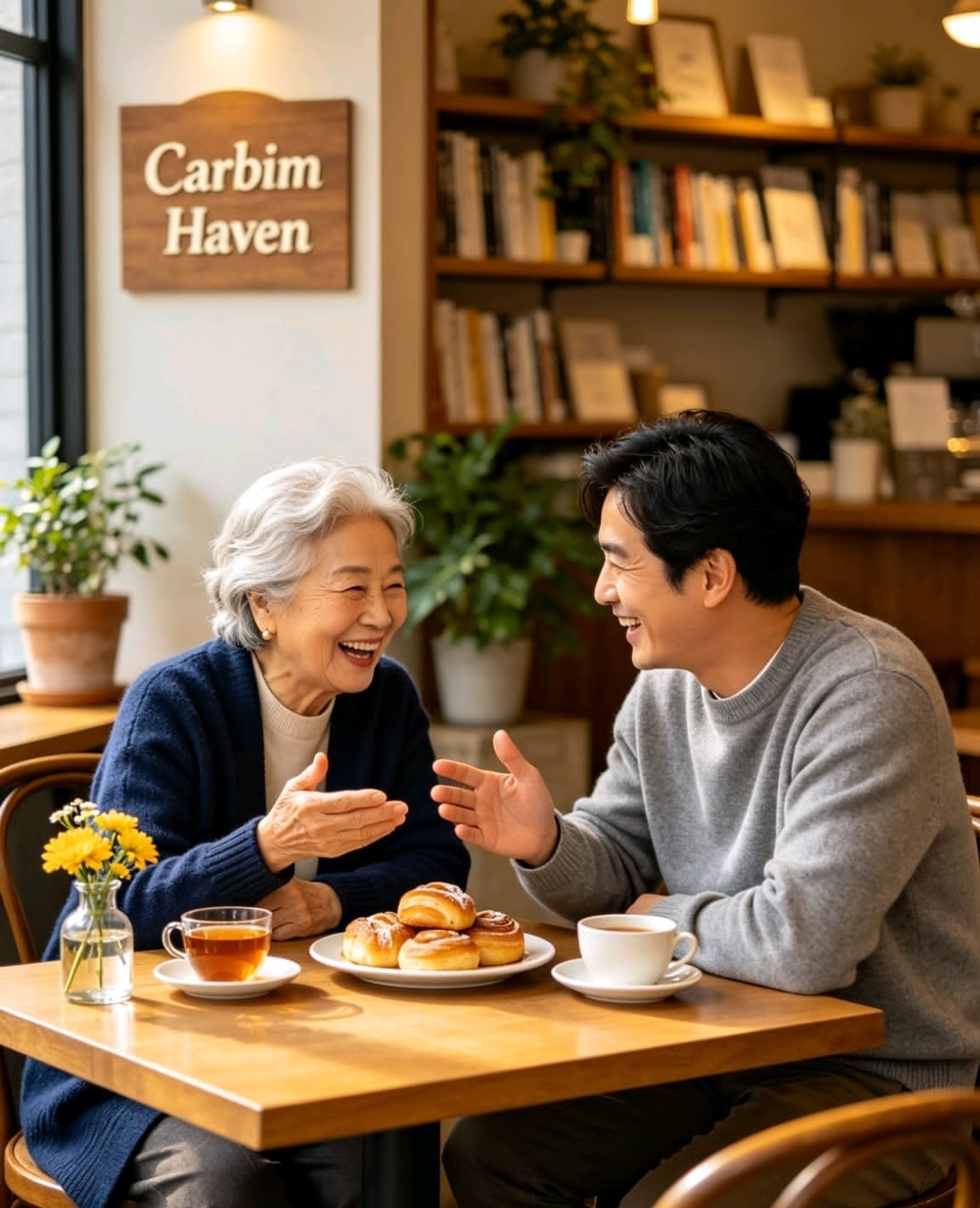 A companion and a client enjoying tea and conversation in a café