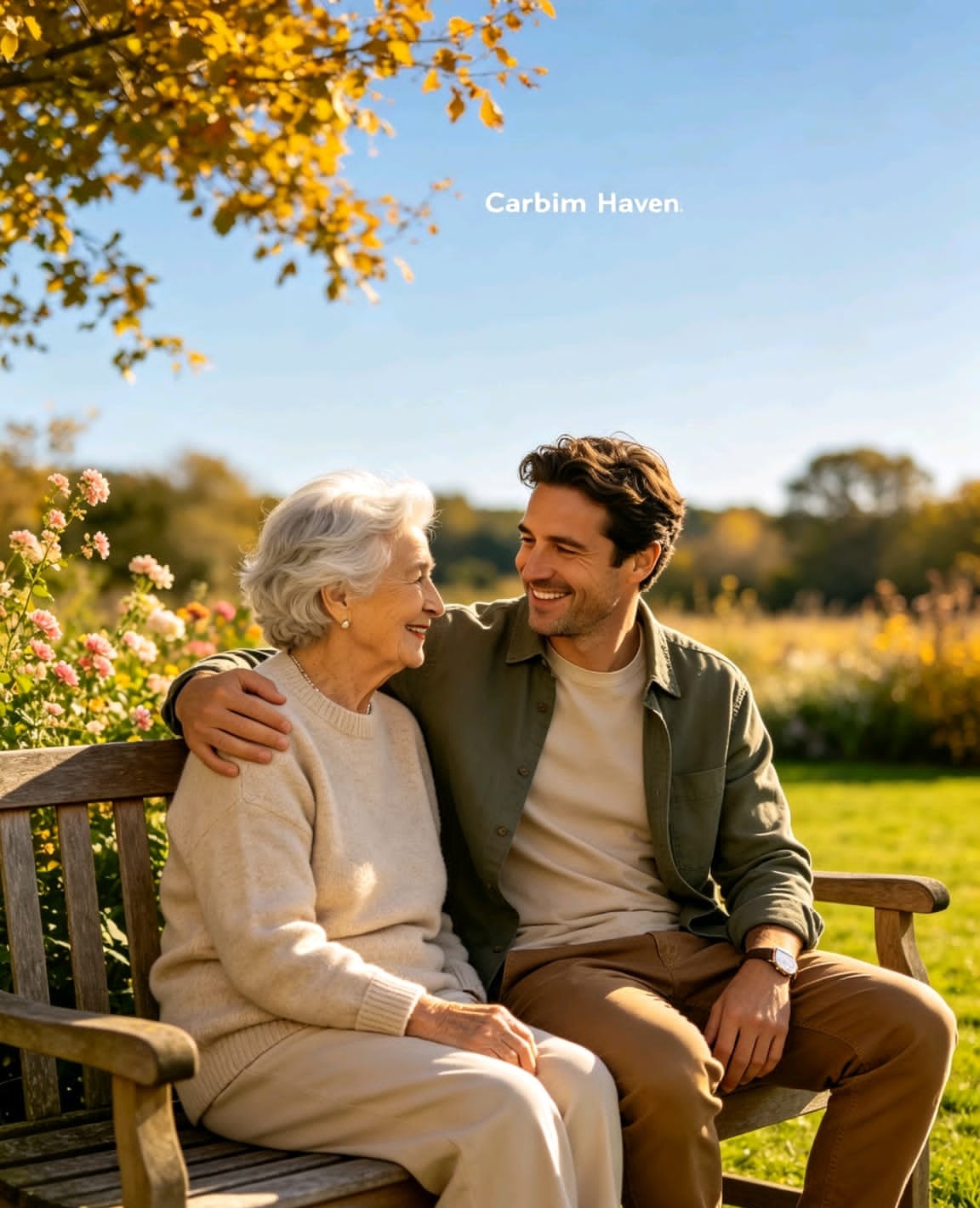 Companion and older woman sitting together on a garden bench